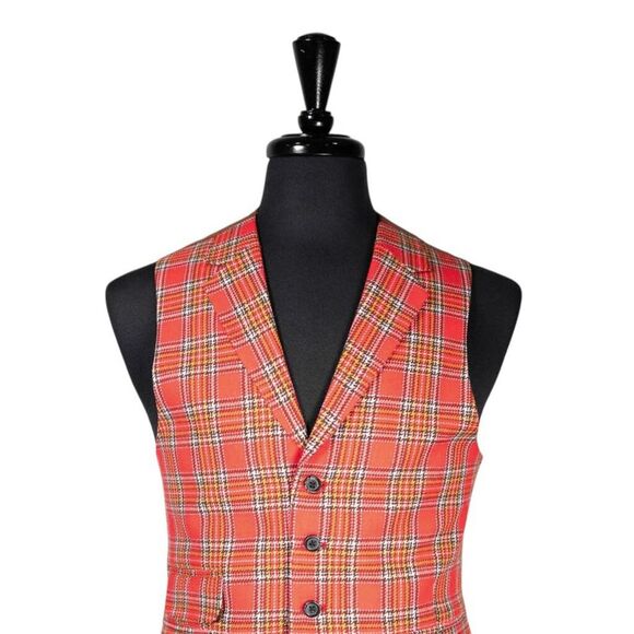 Mens Waistcoat Suit Vest 40R Pink Green Blue Plaid Wool Formal Wedding Party - Picture 4 of 9